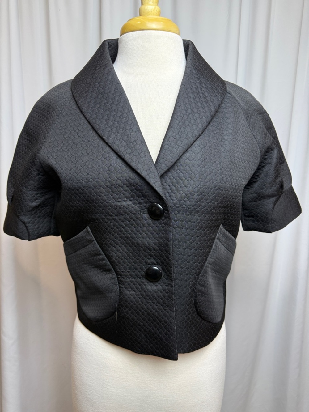 Tulle Black Quilted Short-Sleeve Cropped Blazer